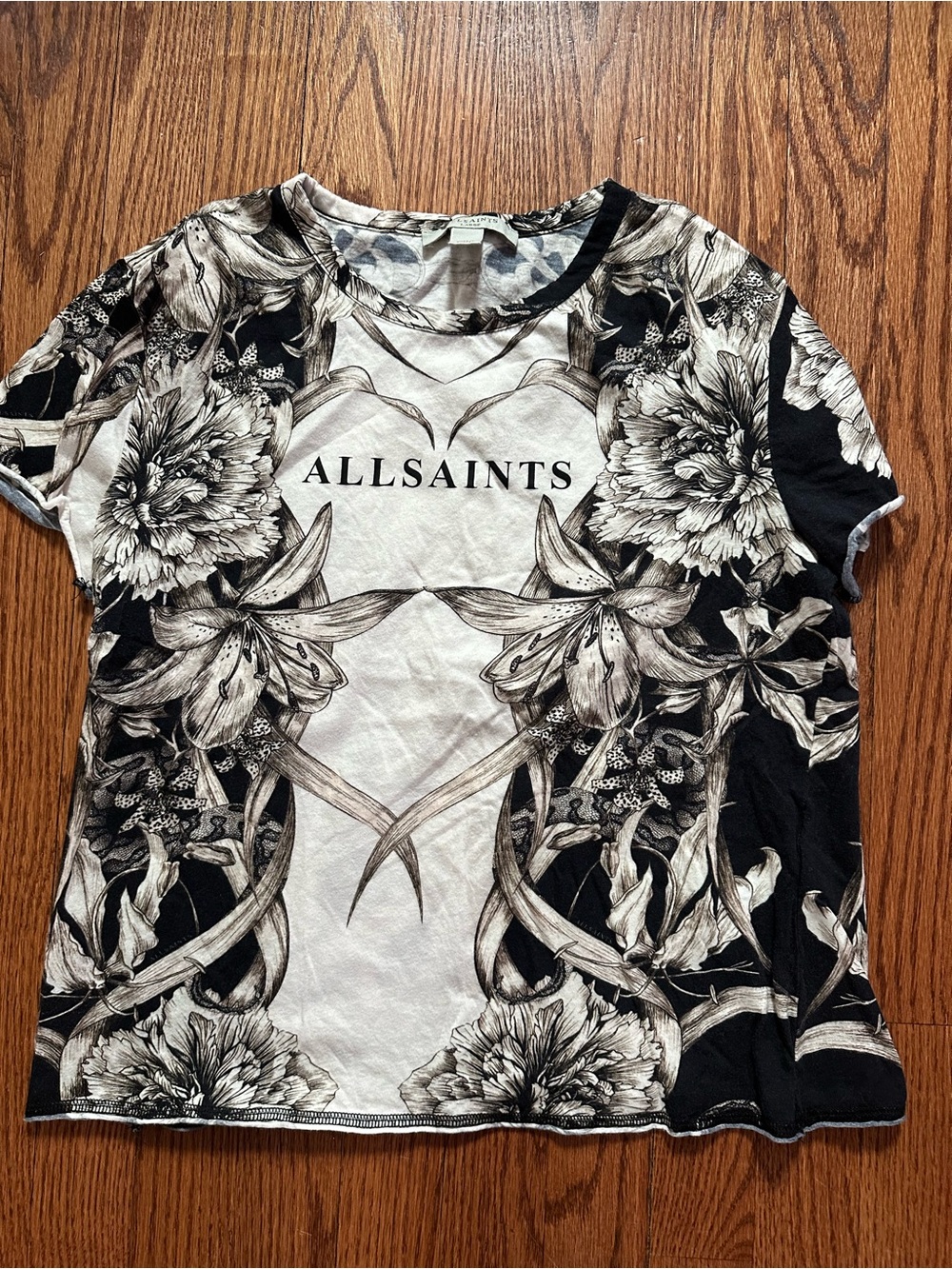 AllSaints Black and White Floral Logo Tee